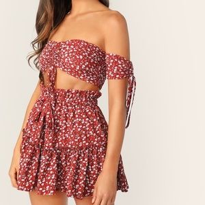 shein red two piece (off shoulder shirt + skirt)